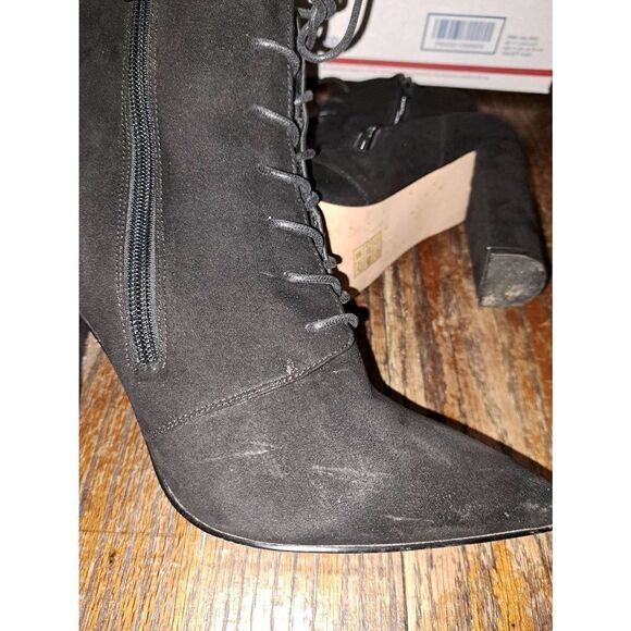 Size 7 ASOS Black Lace Up Zip Chunky High Heel Ankle Boots Booties Pointed Toe - Picture 8 of 10